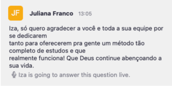 Depoimento de Juliana Franco — agradece a metodologia completa do Clube Rotina Poliglota